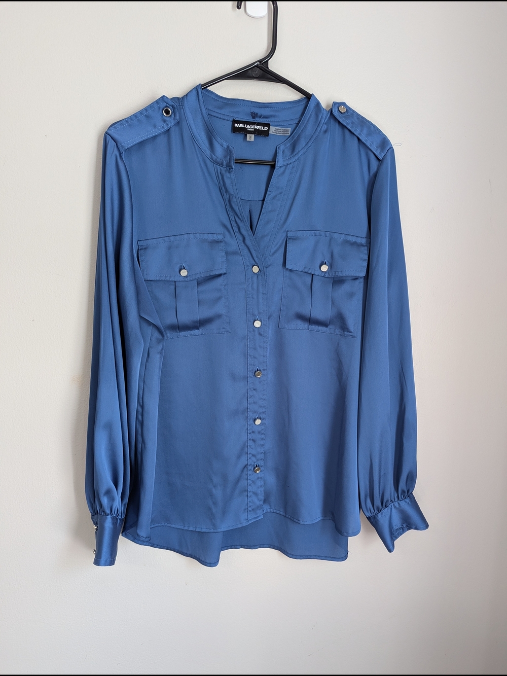 Karl Lagerfeld Slate Blue Long-Sleeve Button Shirt Blouse Women's M
